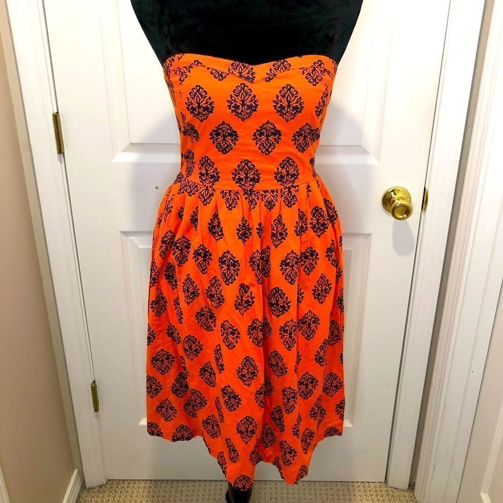 Old Navy orange blue strapless midi dress size 2